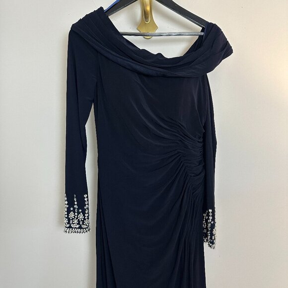 MAC DUGGAL One-Shoulder Long Sleeve Jersey Gown in Midnight Size US 8 - Picture 6 of 14
